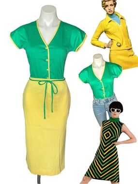Vintage 70s Mod Matching Skirt Set Retro Hostess Outfit 2pc Colorblock Top